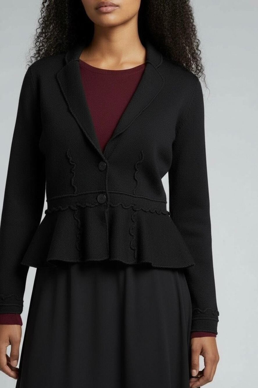 Nine West Sweater Blazer Medium Black Wool Blend Knit Ruffle Academia Y2K